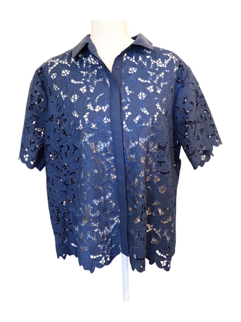 Johnny Was Kitt Lace Button Down Shirt In Navy Peony, Xl Nwt No Cami